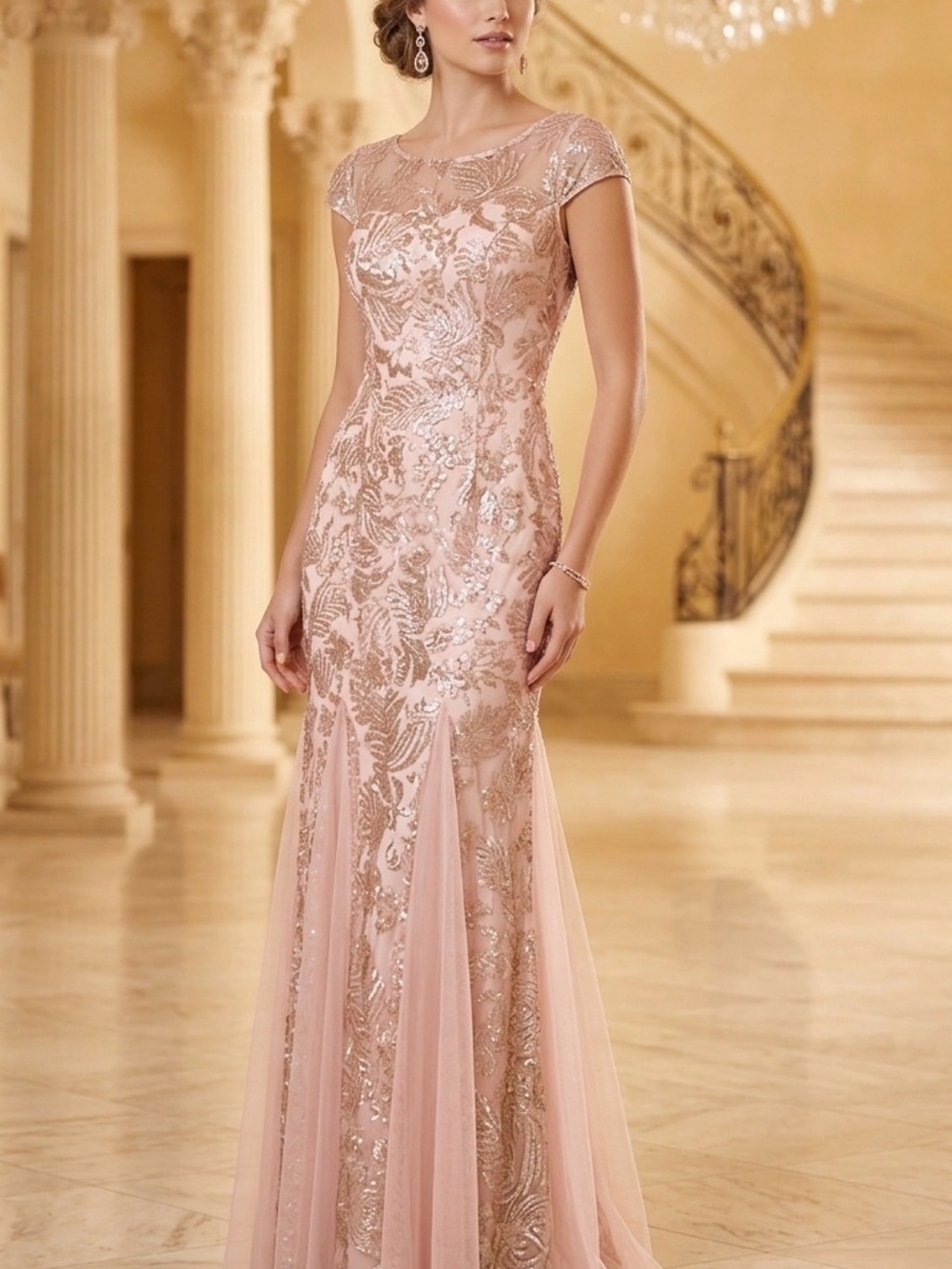Alex Evenings Blush Pink Sequin Embellished Mermaid Gown